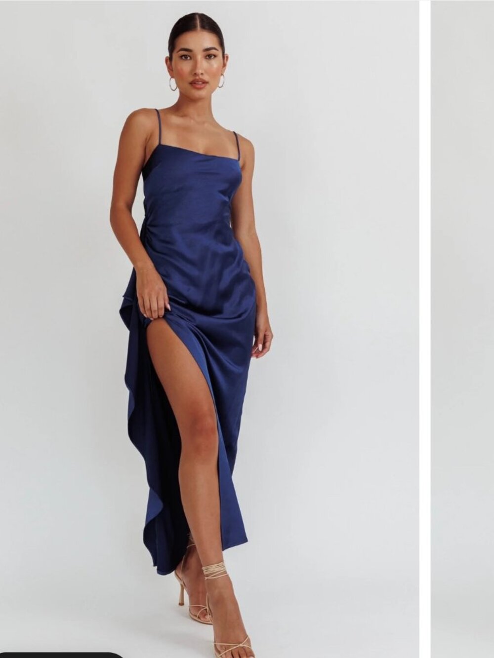 Selfie Leslie Navy Blue Satin Asymmetric Cowl Maxi Dress - M